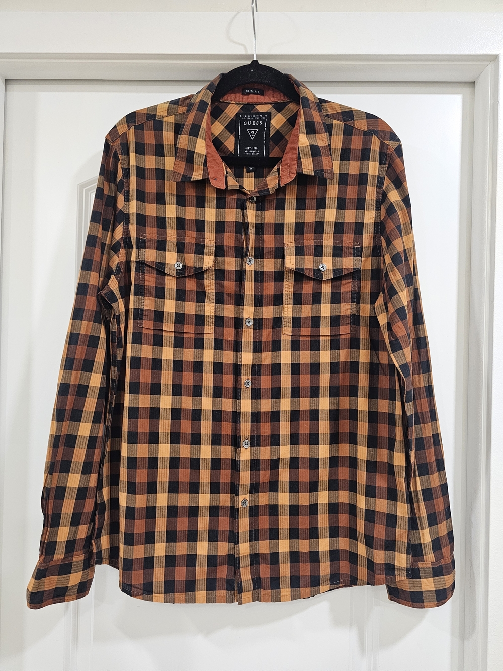 GUESS Men's Slim Fit Orange Black Plaid Long Sleeve Cotton Button-Up Shirt M